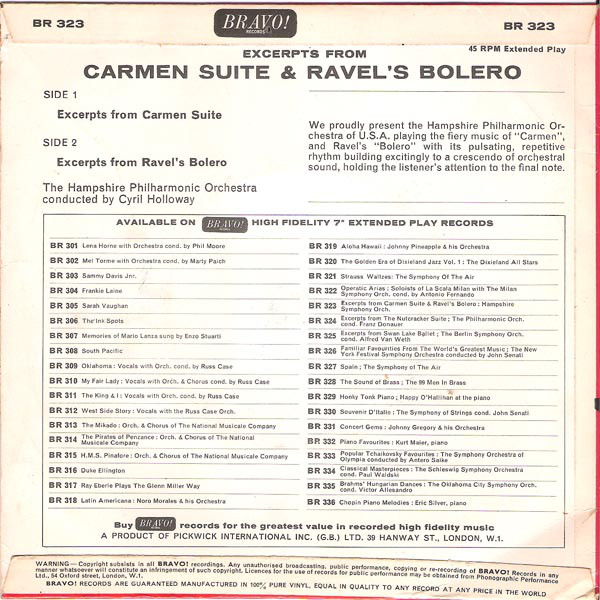 Cyril Holloway Conducts The Hampshire Philharmonic Symphony Orchestra - Carmen Suite / Ravel's Bolero (7", EP) 36084
