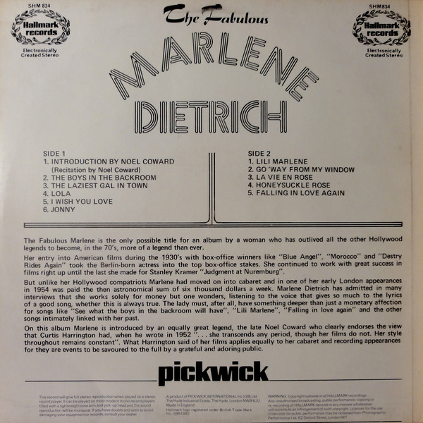 Marlene Dietrich - The Fabulous Marlene Dietrich (LP, Comp) 19654