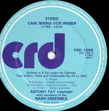 Carl Maria von Weber, Members Of The Nash Ensemble*, Antony Pay, Judith Pearce - Quintet In B Flat Major For Clarinet, Two Violins, Viola And Violoncello, Op. 34 (J.182) / Trio In G Minor For Flute, Violoncello And Piano (J.259) (LP) 21579
