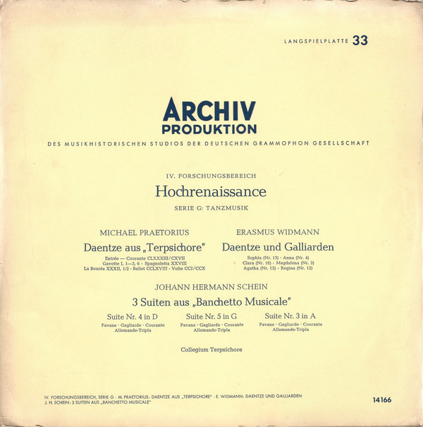 Michael Praetorius ‧ Erasmus Widmann ‧ Johann Hermann Schein - Collegium Terpsichore - Daentze Aus "Terpsichore" ‧ Daentze Und Galliarden ‧ 3 Suiten Aus "Banchetto Musicale" Vinyl LP (LP Record) Mono