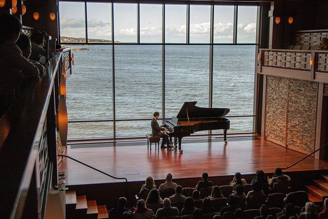 Man Playing a Piano with the Sea as a backdrop