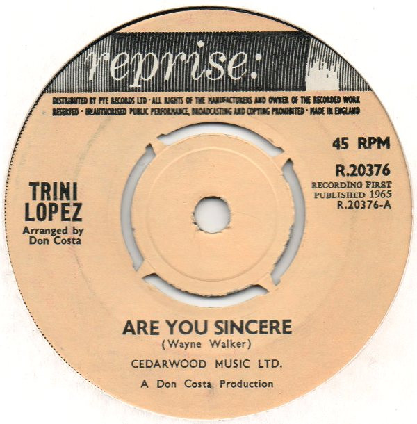 Trini Lopez - Are You Sincere / You'll Be Sorry 7 Inch Vinyl (7 Inch Record, Single)