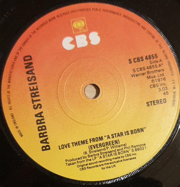 Barbra Streisand - Love Theme From "A Star Is Born" (Evergreen) 7 Inch Vinyl Single (7 Inch Record) (45 RPM Record)