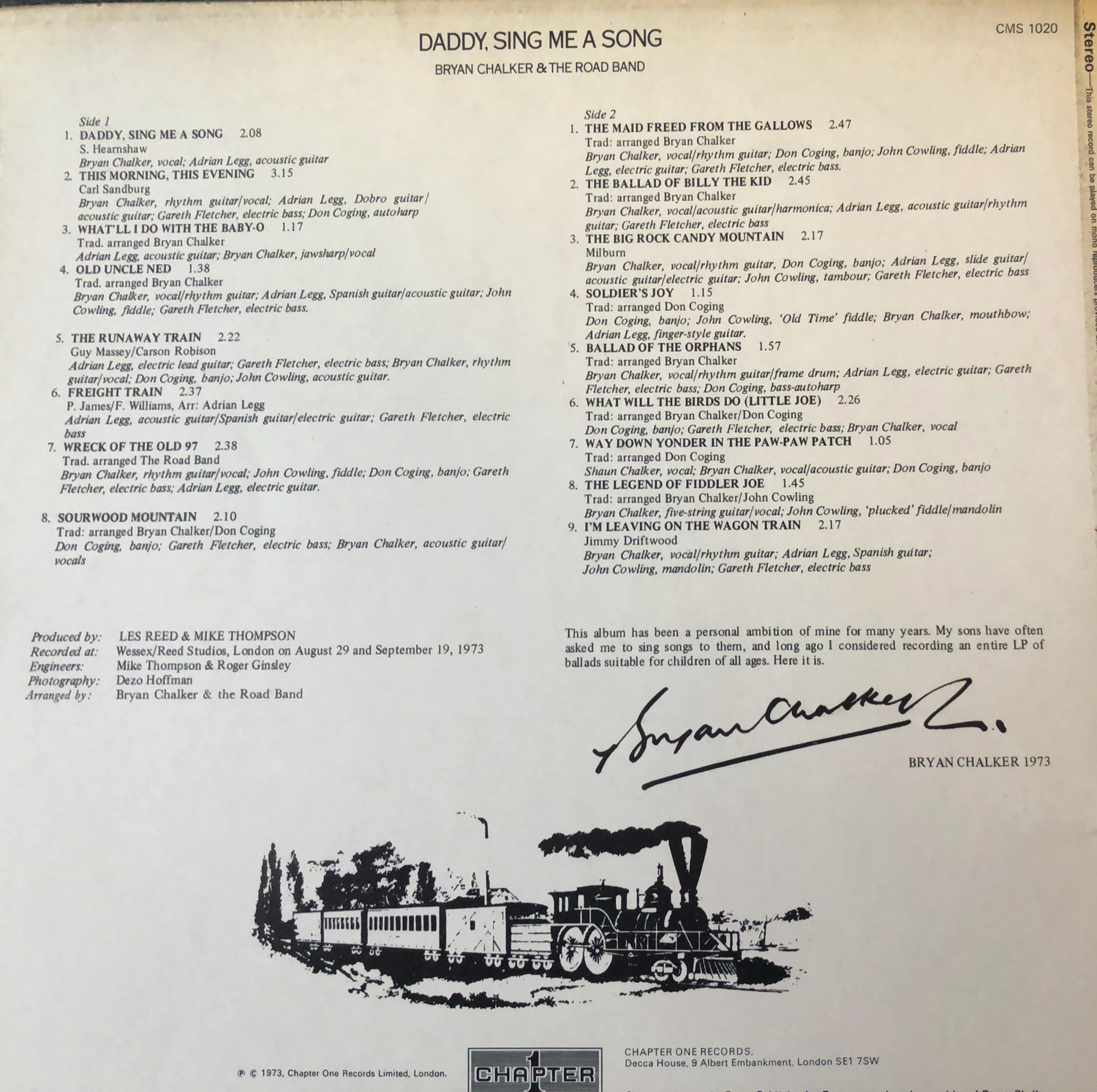 Bryan Chalker Daddy, Sing Me A Song Vintage Record Cover For Sale Rear