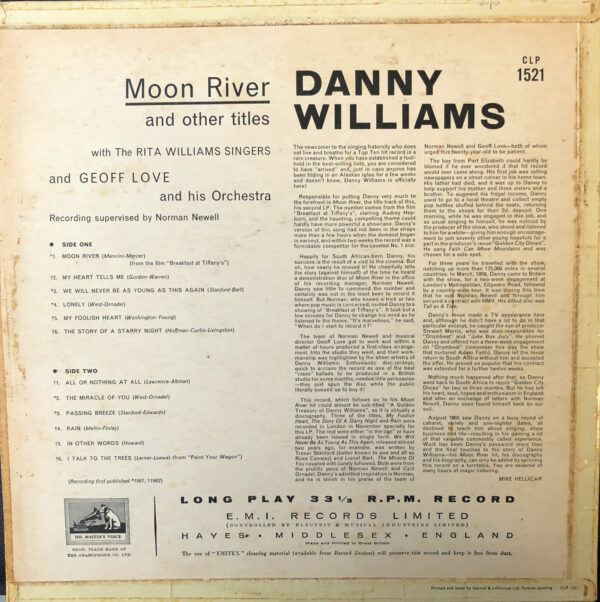 Danny Williams Moon River And Other Titles Vintage Record Cover For Sale - Image 2